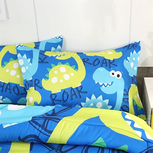 Miniatura 4 de ENCOFT Juego de edredón de dinosaurio tamaño individual para niñas y niños, juego de ropa de cama de dinosaurios de 3 piezas de alta calidad, color
