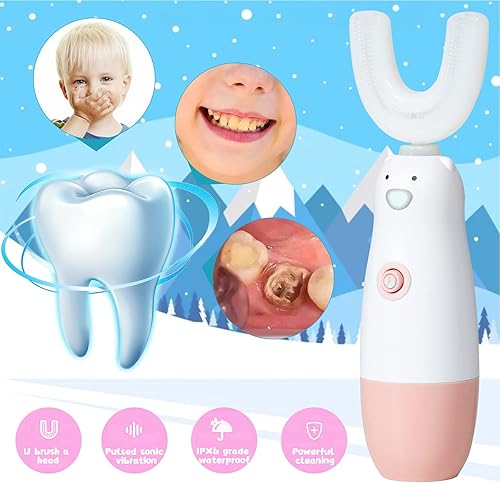 Miniatura 2 de Cepillo de dientes eléctrico para niños, en forma de U, impermeable, funciona con pilas, 360 cepillos de dientes automáticos en forma de U sónicos