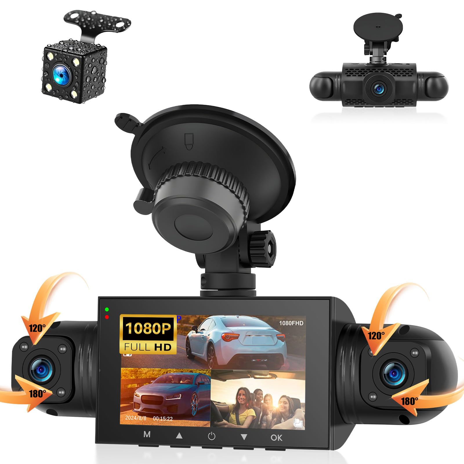 SIXTOP Dashcam Voiture 360 Degrés 4 Canaux, 1080P Caméra Embarquée Avant Intérieure Arrière avec Écran IPS 3 Pouces, Support Vision Nocturne/Surveillance 24H/Capteur G/Enregistrement Boucle