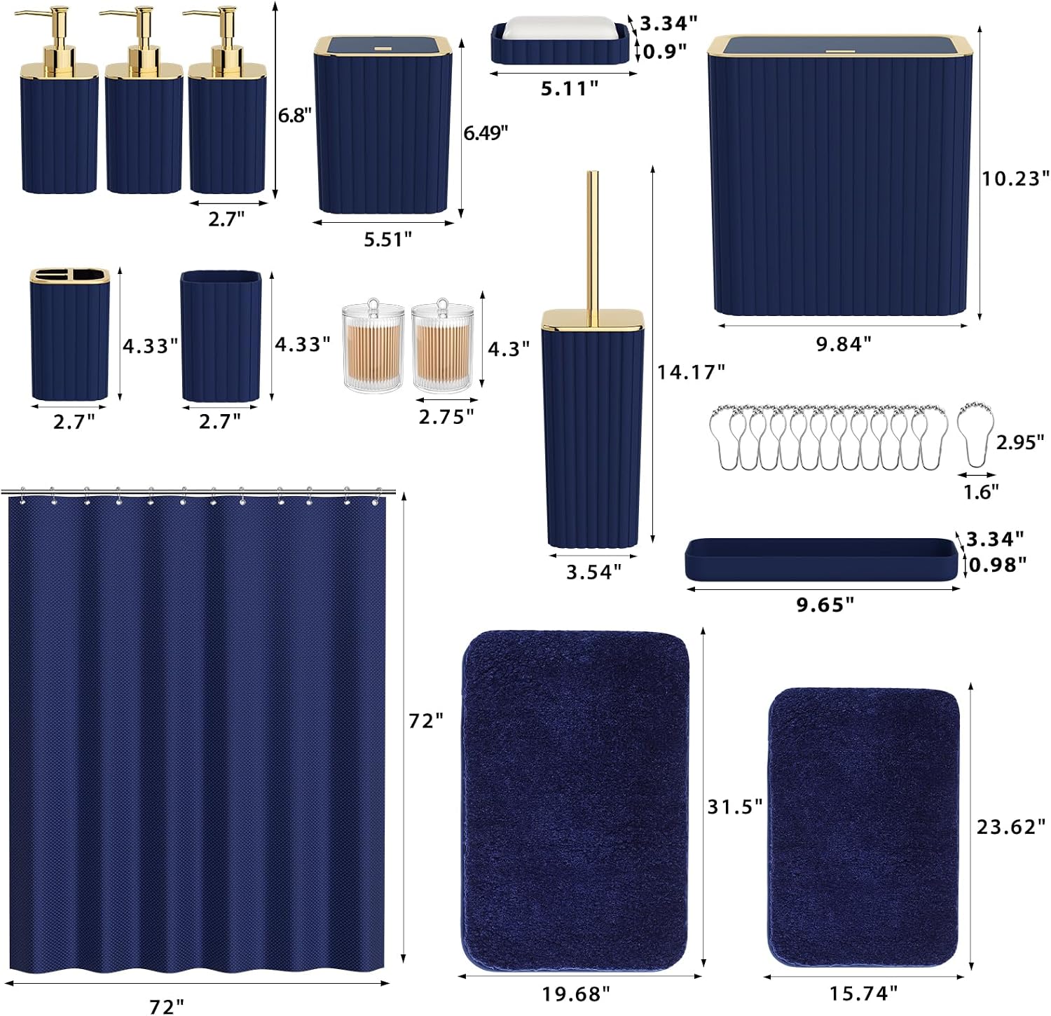 Bathroom Accessory Set - Bathroom Set, 12PC Bathroom Accessories Set, Navy Blue Bathroom Accessories Set, Mini Trash Can, Toilet Brush, Trash Can & Soap Dispenser image 3