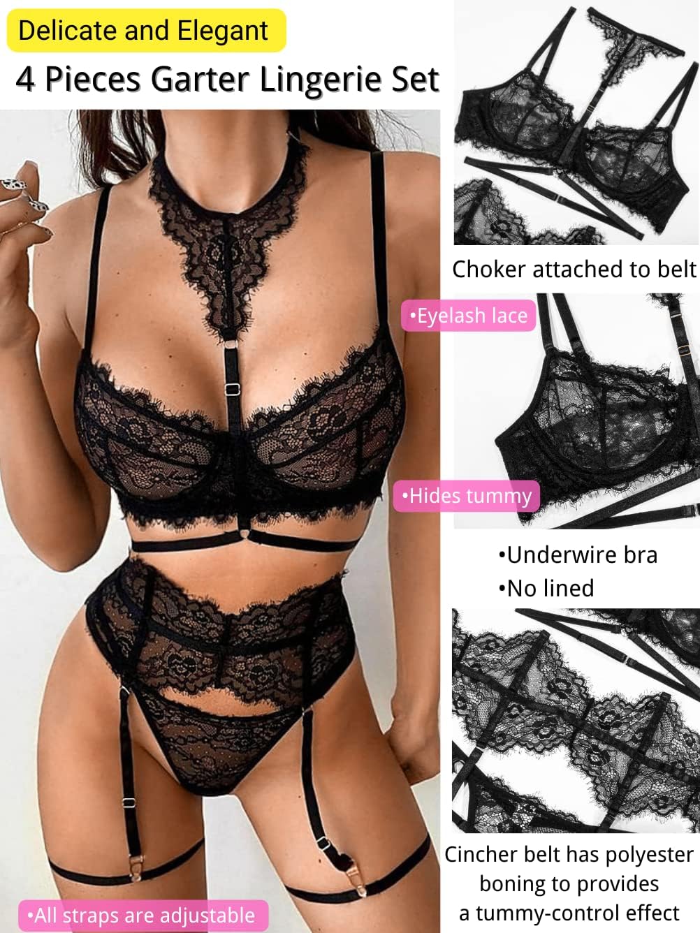 Kaei&Shi Garter Lingerie Set for Women, Sexy Floral Lace, Strappy High Waisted Hide Belly, 4 Piece with Exotic Choker Belt - Image 2