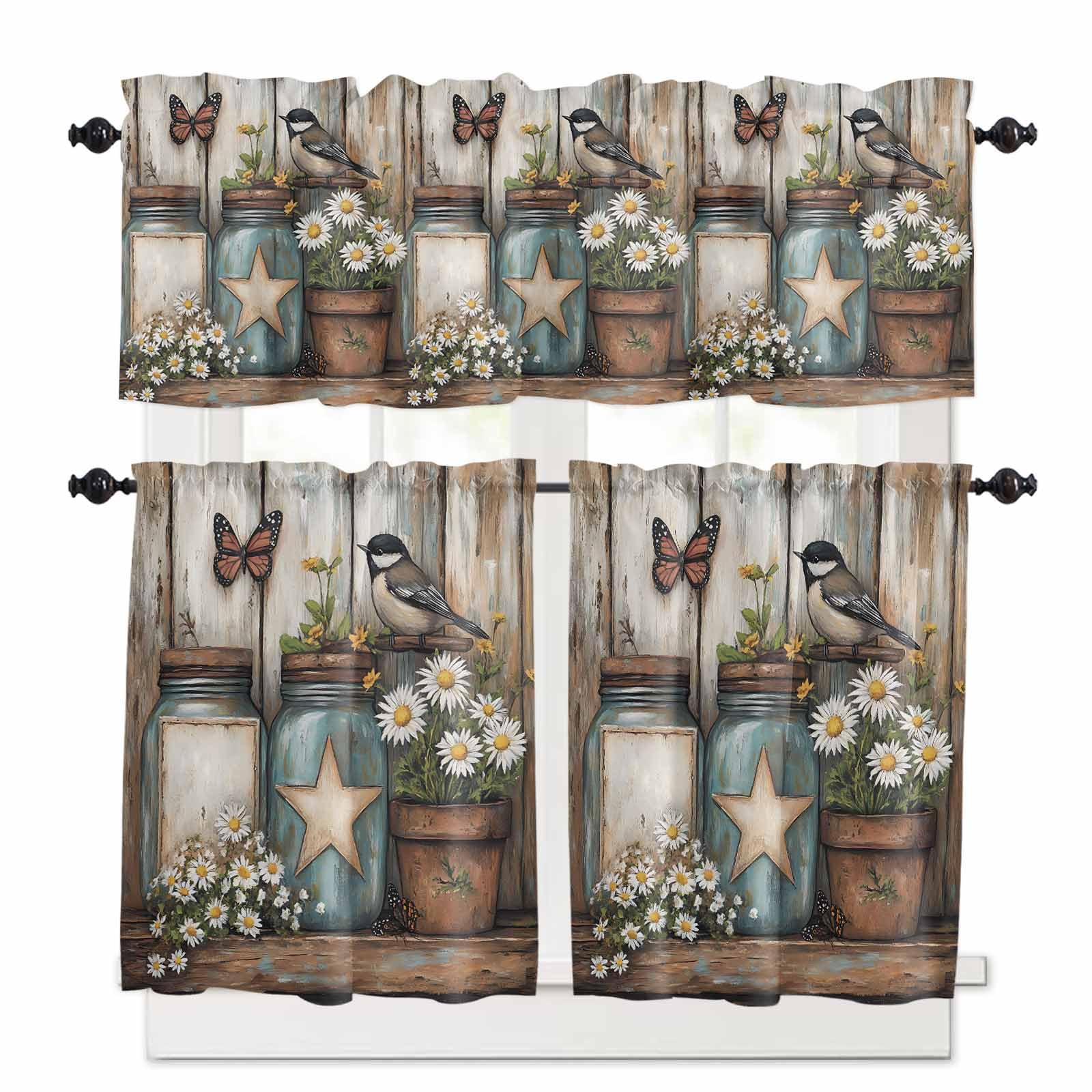 Country Flower Kitchen Curtains 24 Inch Length,3 Piece Rod Pocket Small Half Tiers and Valance Set,Retro Western Texas Star Butterfly Bird Small Large Window Treatment Decor for Bedroom/Bathroom Sink