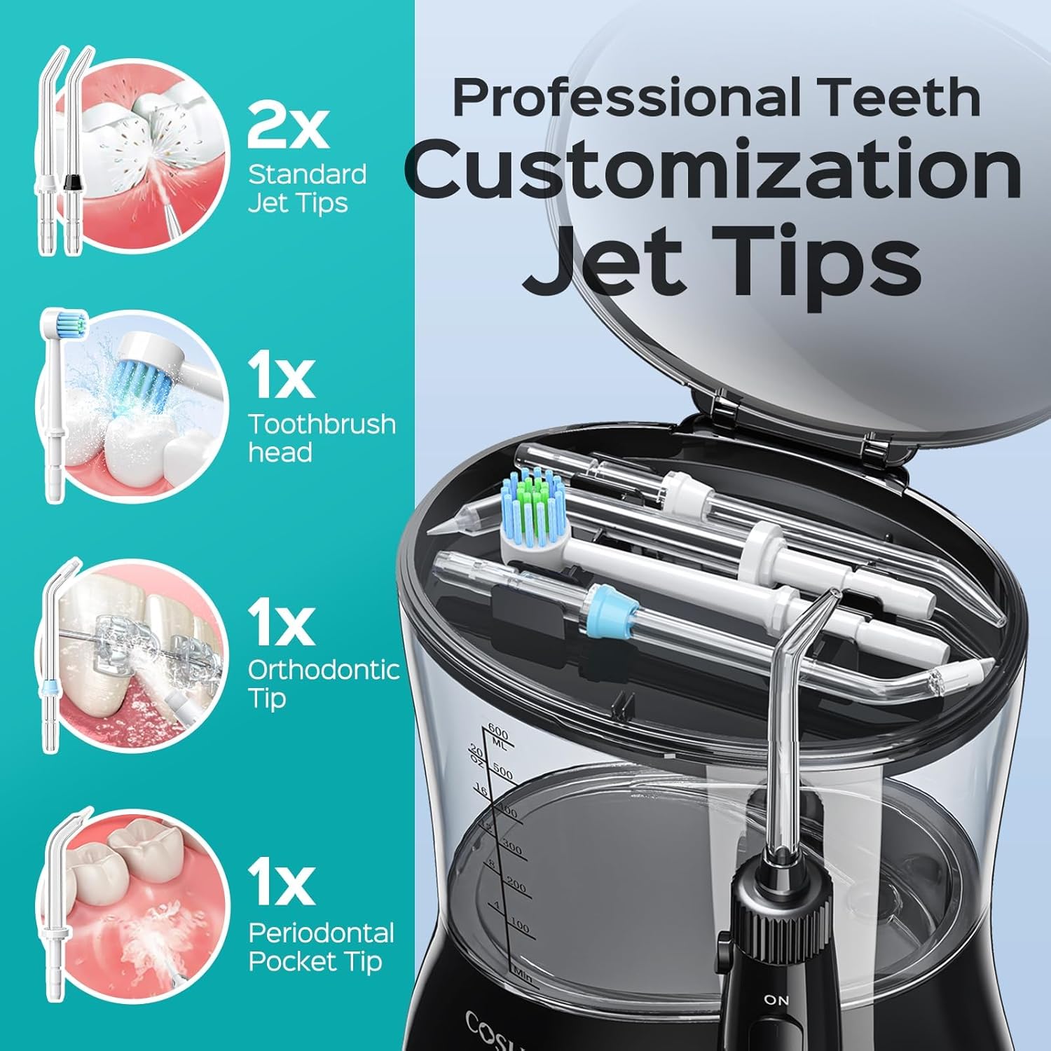 COSLUS E1 Professional Water Flosser for Teeth: 12 Pressure Settings Electric Dental Pick for Tooth Cleaning, Sensitive Gums, Braces, Oral Care - Home Use, ​​4 Jet Tips for Multiple Users, Family