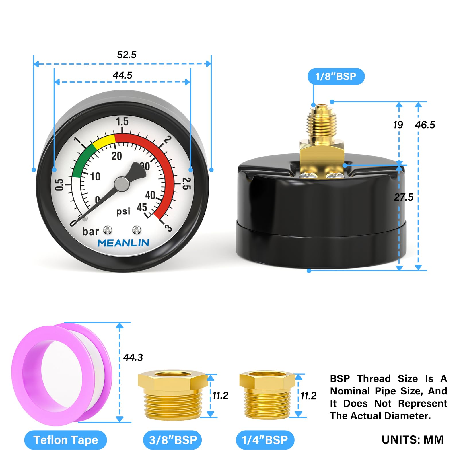 MEANLIN MEASURE 0~3Bar/0~40Psi Manomètre pour piscine,1/8"BSP 2" FACE DIAL pour piscines, spas, bassins à poissons,avec douille hexagonale 1/4" BSP et 3/8" BSP,Montage arrière