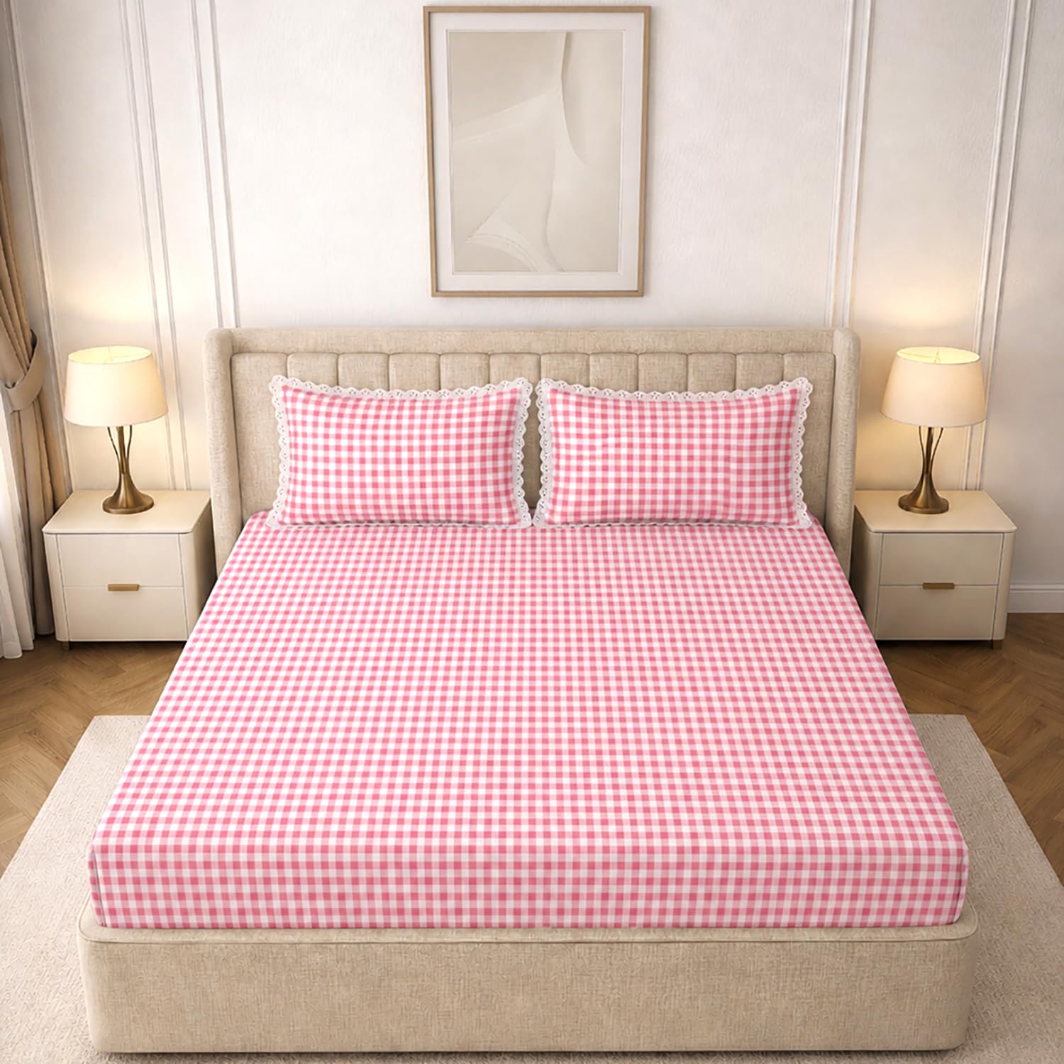 MORADO Glace Cotton Flat Bedsheet for Double Bed with Zipper Pillow Covers, Soft Breathable Comfortable Bedding Sheet, Wrinkle Resistant Bed Cover for Bedroom Home Use 90x100 Inches,White Pink-image-38