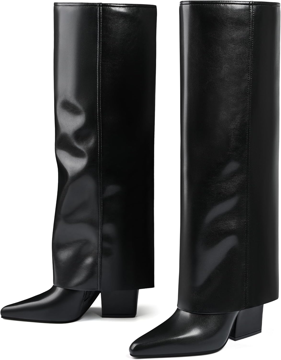 Vaslemuse Knee High Boots for Women Fold Over Pointed Toe Shark Tall Boots Block Low Heel Long Boots with Side Zipper - Image 5