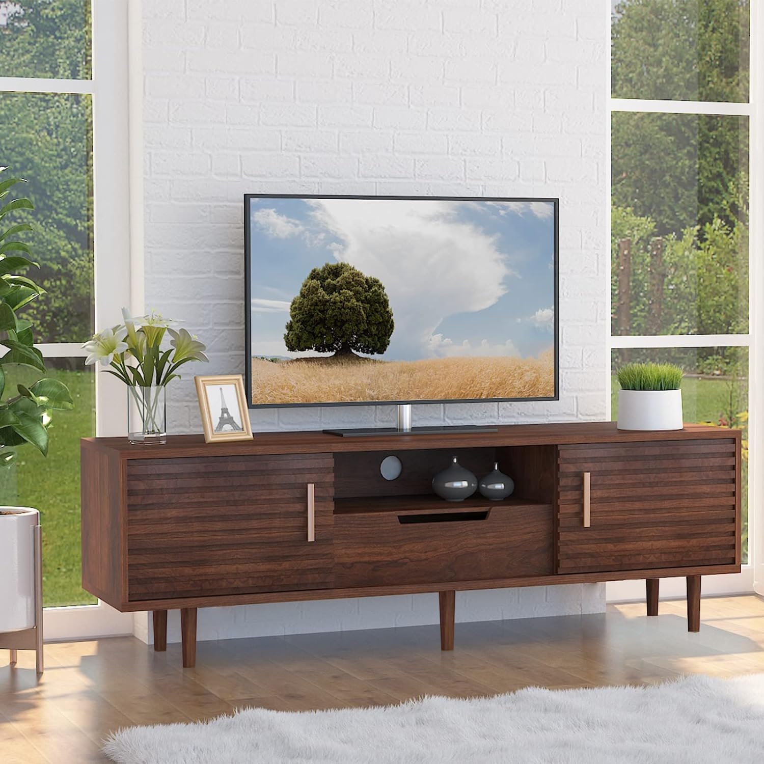 Alohappy Mid-Century Modern TV Stand for 65 Inch TVs, Wood Entertainment Center TV Console Table with Storage Drawer and Open Shelves, Stylish TV Cabinet for Living Room/Bedroom, Brown 59"