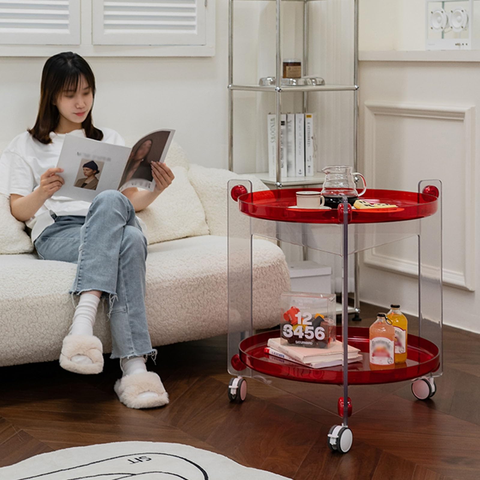 Table d'appoint Mobile à 2 Niveaux, Petite Table Basse Ronde avec roulettes verrouillables, Plateau Amovible, pour Chambre, Salon (Vert)