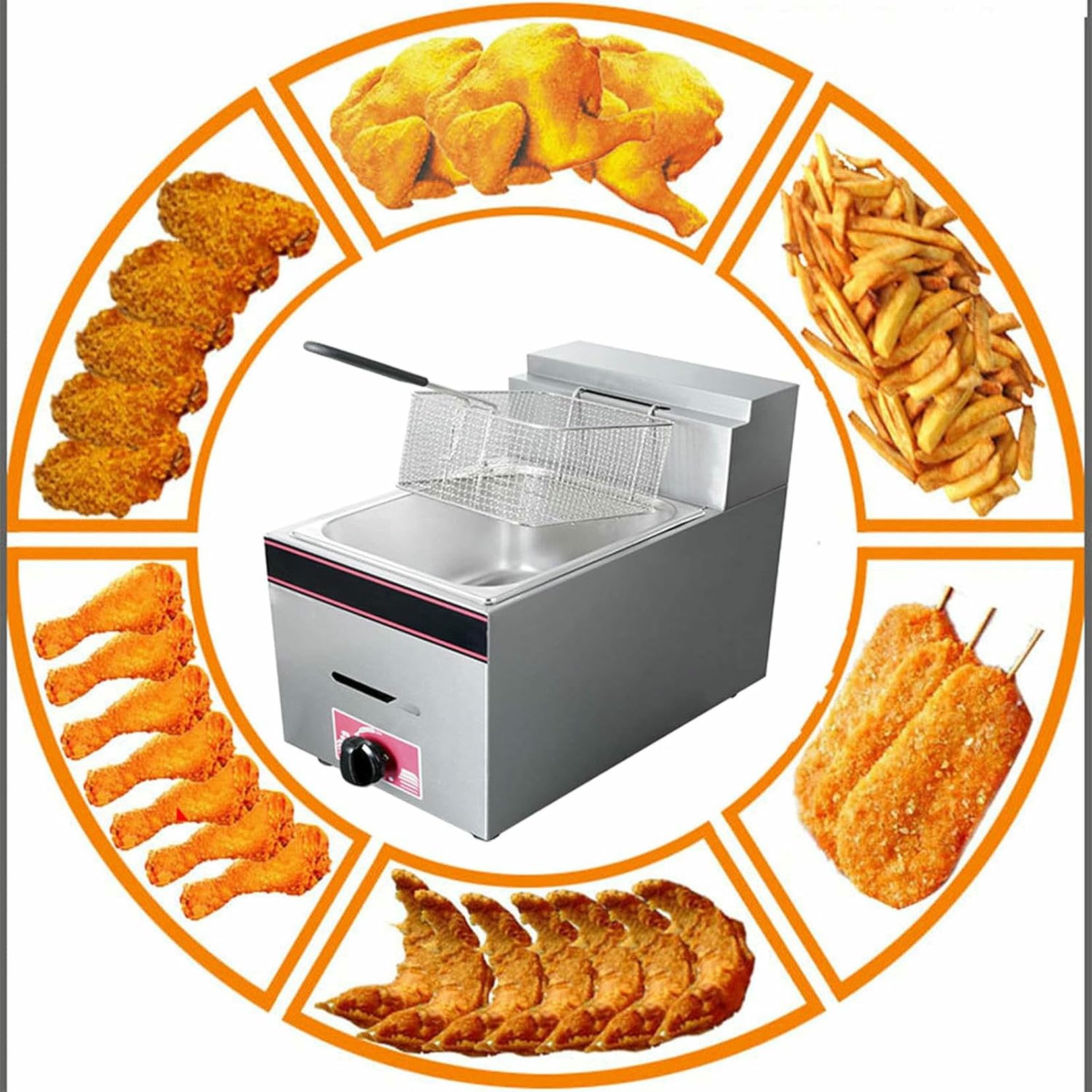 Freidora a Gas de Acero Inoxidable, freidora Comercial, freidora Individual de Gran Capacidad de 10 l, Control de Temperatura Ajustable, freidora de encimera Gruesa con Canasta~/