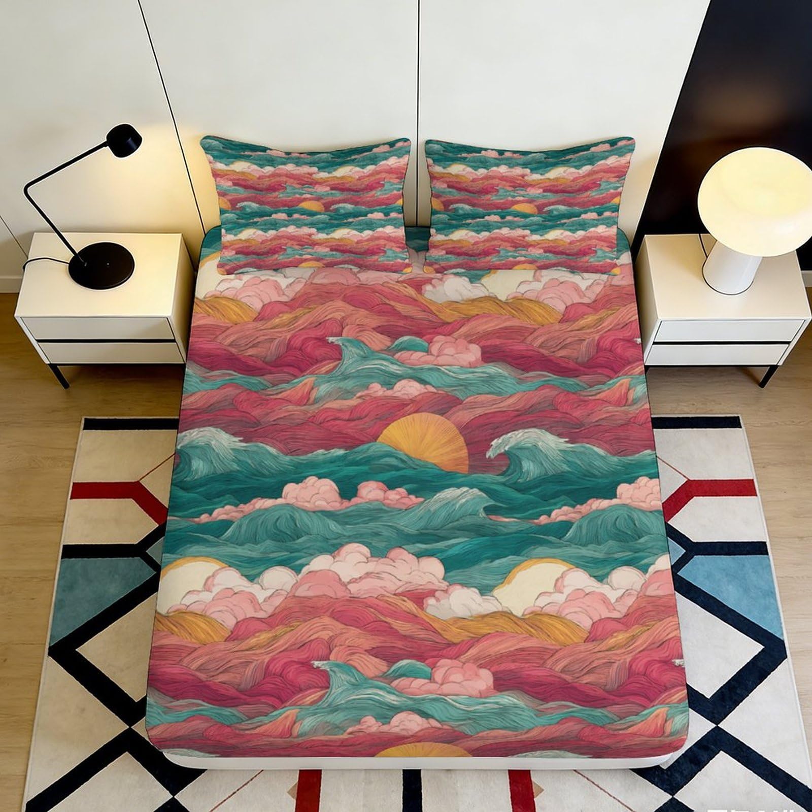 3D Printed Sunset Cloud Fitted Sheet Microfiber Soft Breathable Mountain Sunrise Bed Cover for Bedroom Dorm Decor 90x200x25cm