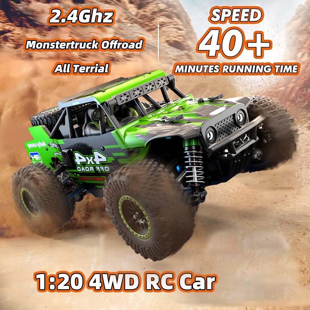 Zdalnie sterowany samochód 1/20 4WD RC dla dorosłych, 40 km/h, silnik ze szczotką węglową RC MonsterTruck, 2,4 GHz, samochód wyścigowy terenowy, 3 baterie (zielony)
