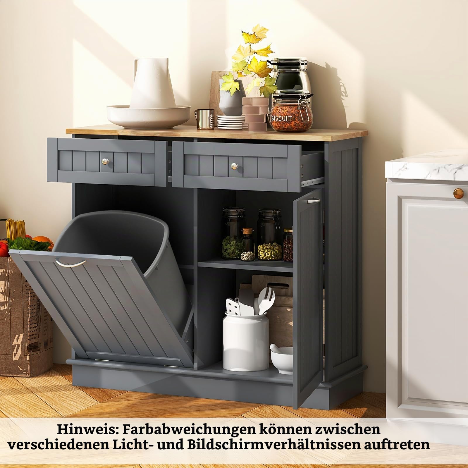 KOMFOTTEU Küchenschrank Abfallschrank mit Ausziehtür, Sideboard mit Halterung für Mülltonnen 42L, Mehrzweckschrank Holz mit 2 Schubladen, Küche Kommode 100x35x90,5cm (Grau)