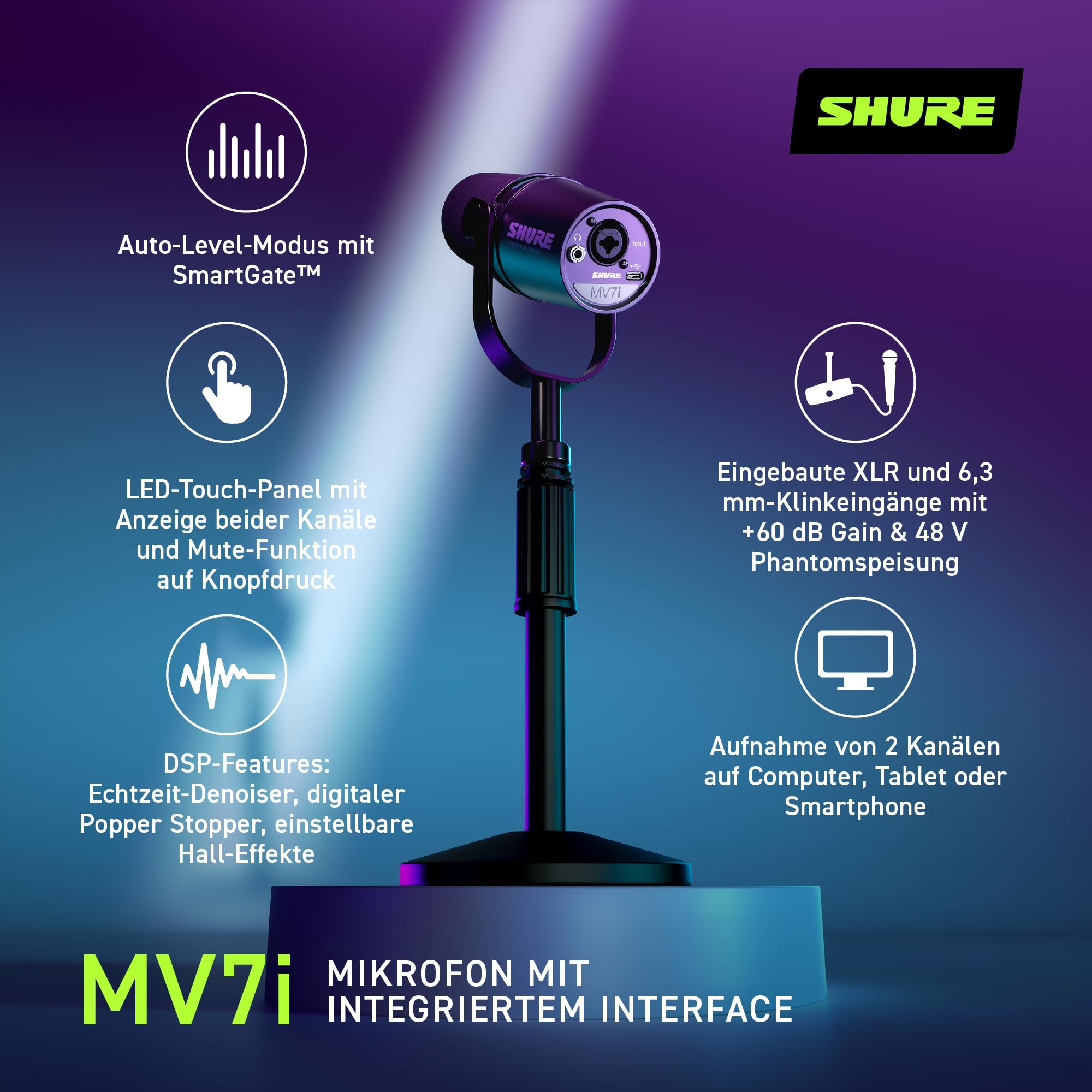 Shure MV7i Smart Podcast- und Mikronfon + integriertes Audio-Interface – Ausrüstungsbündel mit 2 Kanälen für Dual-XLR-Mikrofone oder Mikrofon + XLR-Instrumente - Direkte USB-C-Verbindung zu PC/Telefon