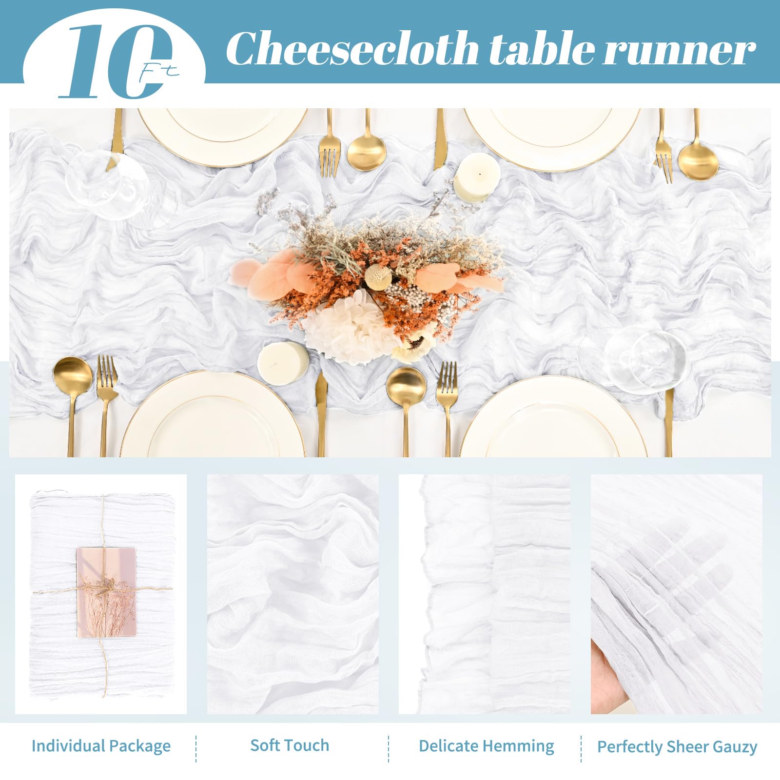 Pesonlook Lot de 10 chemins de Table en étamine Blanche, Chemin de Table en Gaze de 10 Pieds, Chemin de Table Semi-Transparent en Tissu étamine pour réception de Mariage, Mariage Rustique bohème