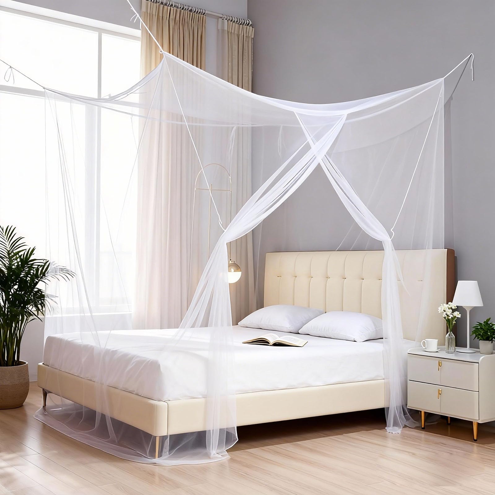 Panarciss Mosquito Net for Bed - 4 Corner Bed Canopy with Fine Mesh Protection, Full Size Bed, Easy Assembly Bug Net for Indoor/Outdoor Use, Camping & Travel