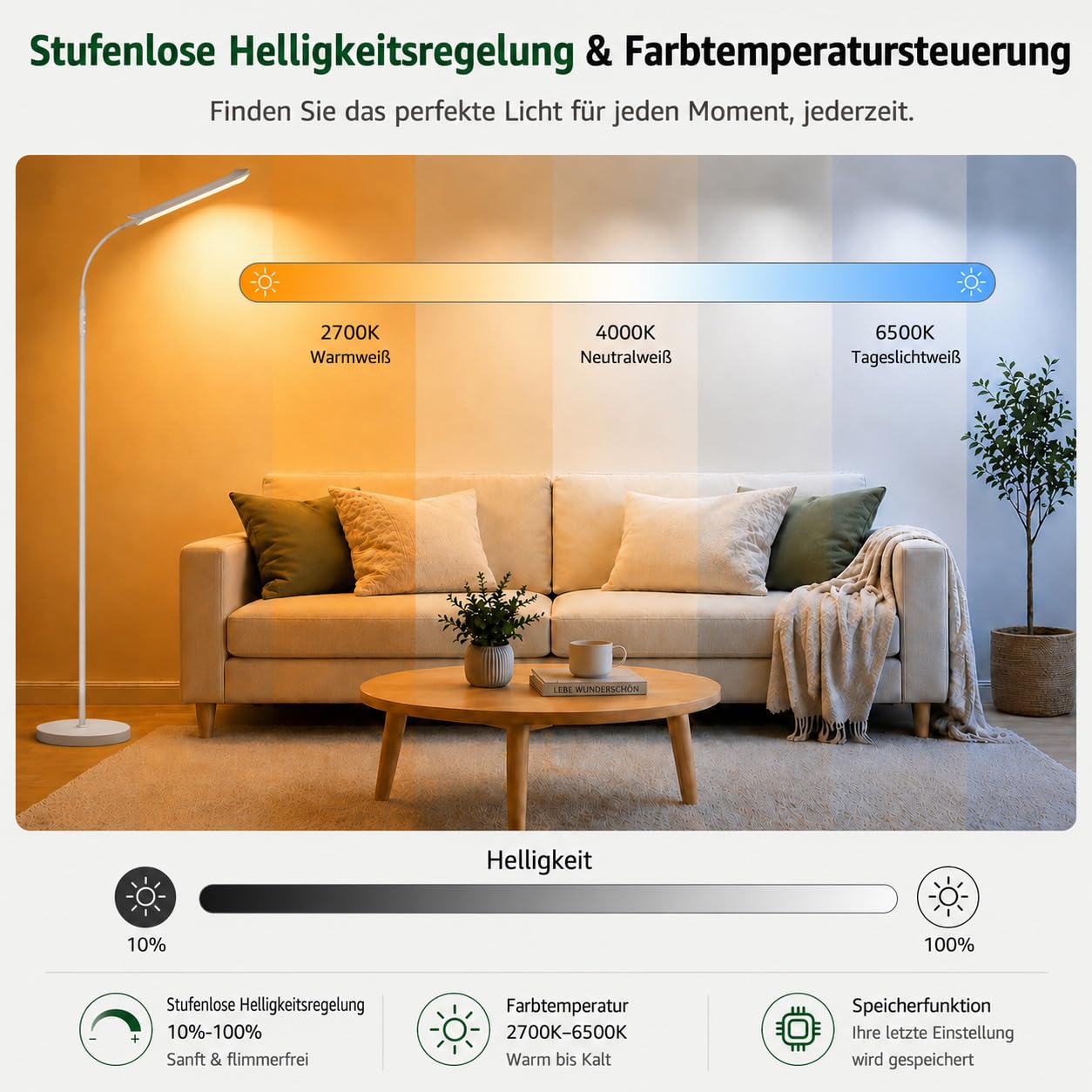 Torkase LED Stehlampe Wohnzimmer, 18W 1800LM Dimmbare Stehleuchte mit Magnetischer Fernbedienung, 360° Flexibler Schwanenhals Leselampe Schlafzimmer, 2700K-6500K Modern Weiß