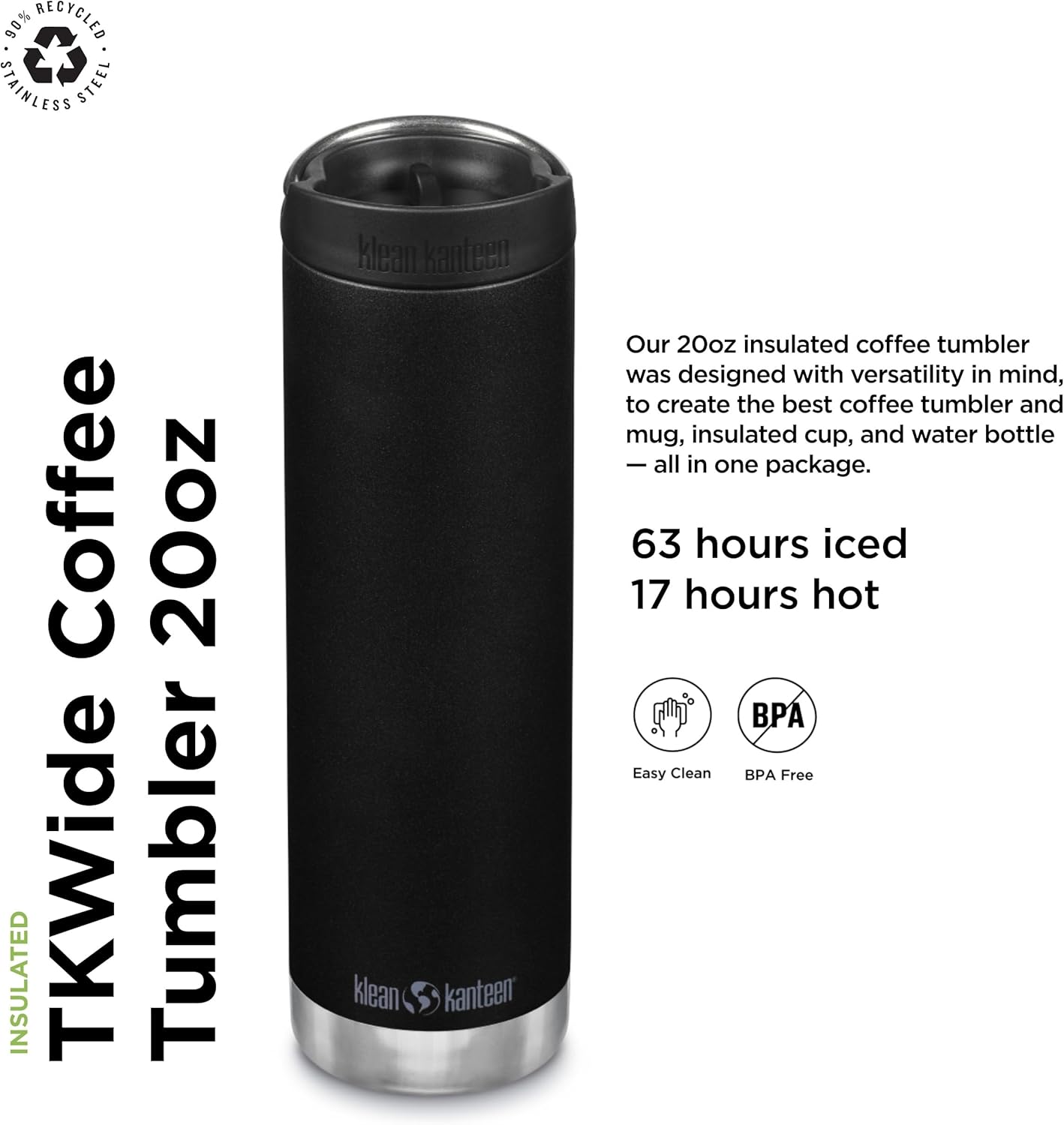 Klean Kanteen TKWide Insulated Coffee Tumbler with Cafe Cap - Stainless Steel & Thermal Tumbler - Black, 20 oz - Image 2