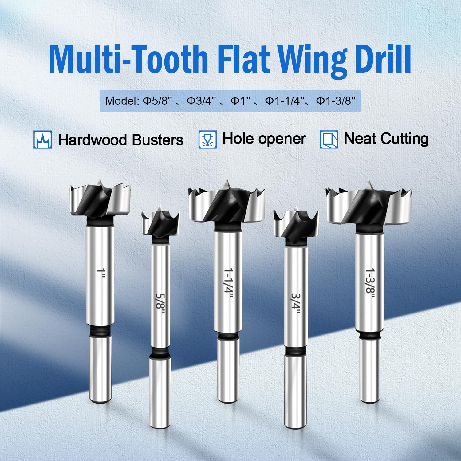 Waterspout 5pc (5/8" 3/4" 1" 1-1/4" 1-3/8") Carbon Steel Forstner Drill Bits for Wood, Plastic, Hinge Cutter Tool with Storage Case