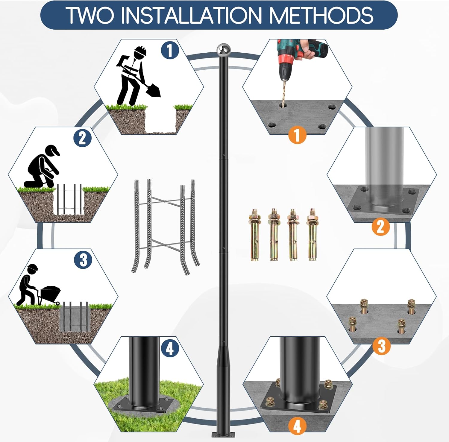 Street Light Pole 13Ft Tall, Street Lamp Post for Outdoor Lighting Fixtures with Two Types of Ground Mounting Brackets, Outdoor Light Pole for Parking Lot, Patio, Street, Backyard, Exterior House