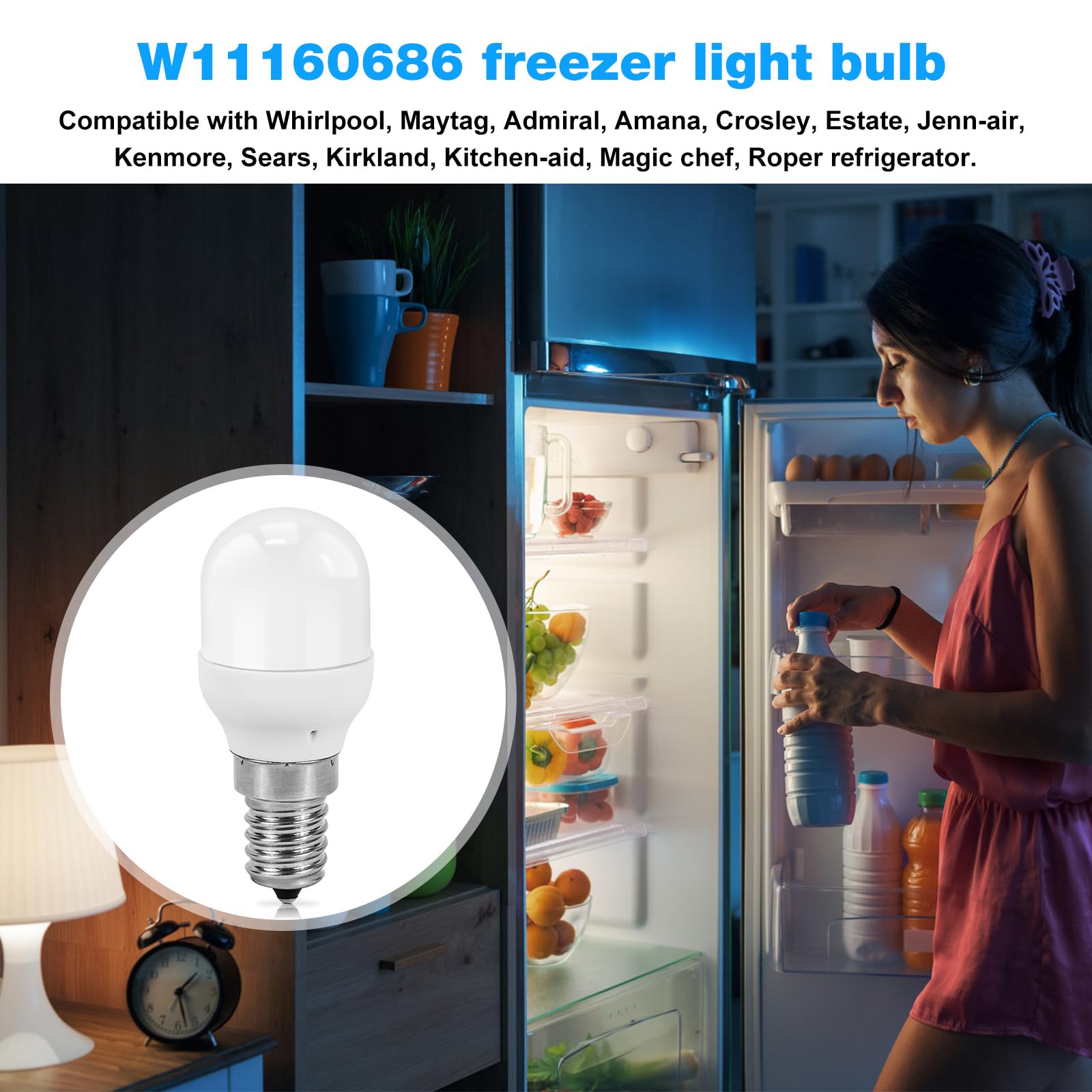 Whirlpool Freezer Light Bulb Refrigerator LED Light Bulb Replacement - Fits  Whirlpool/Maytag/Kenmore (W11518235/W11160686 Compatible) G40 Led  Replacement Bulbs, image size:1600x1600