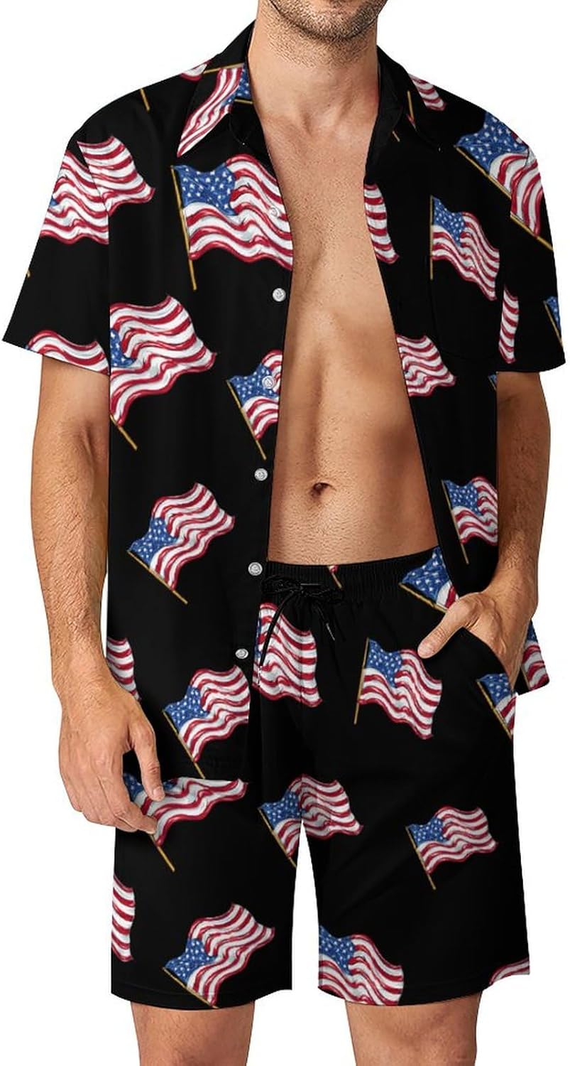 U.S. Flag Men's Summer Beach Outfits Shirt And Shorts Set 2 Piece Vacation Swimwear