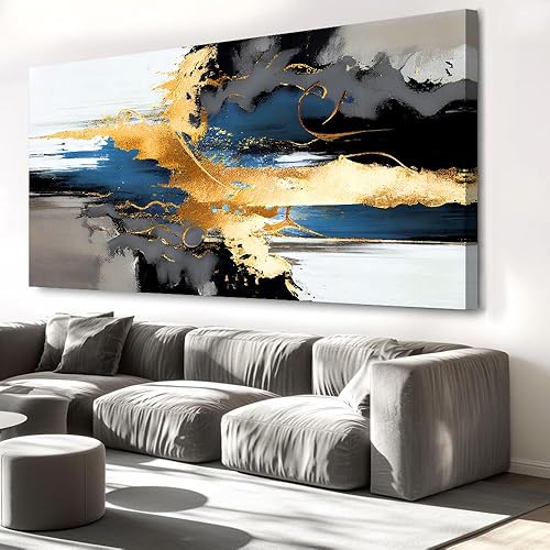 Miniatura 81 de Arte abstracto para pared, impresiones artísticas de pared, pintura en lienzo, negro, amarillo, azul, obra de arte moderna grande para sala