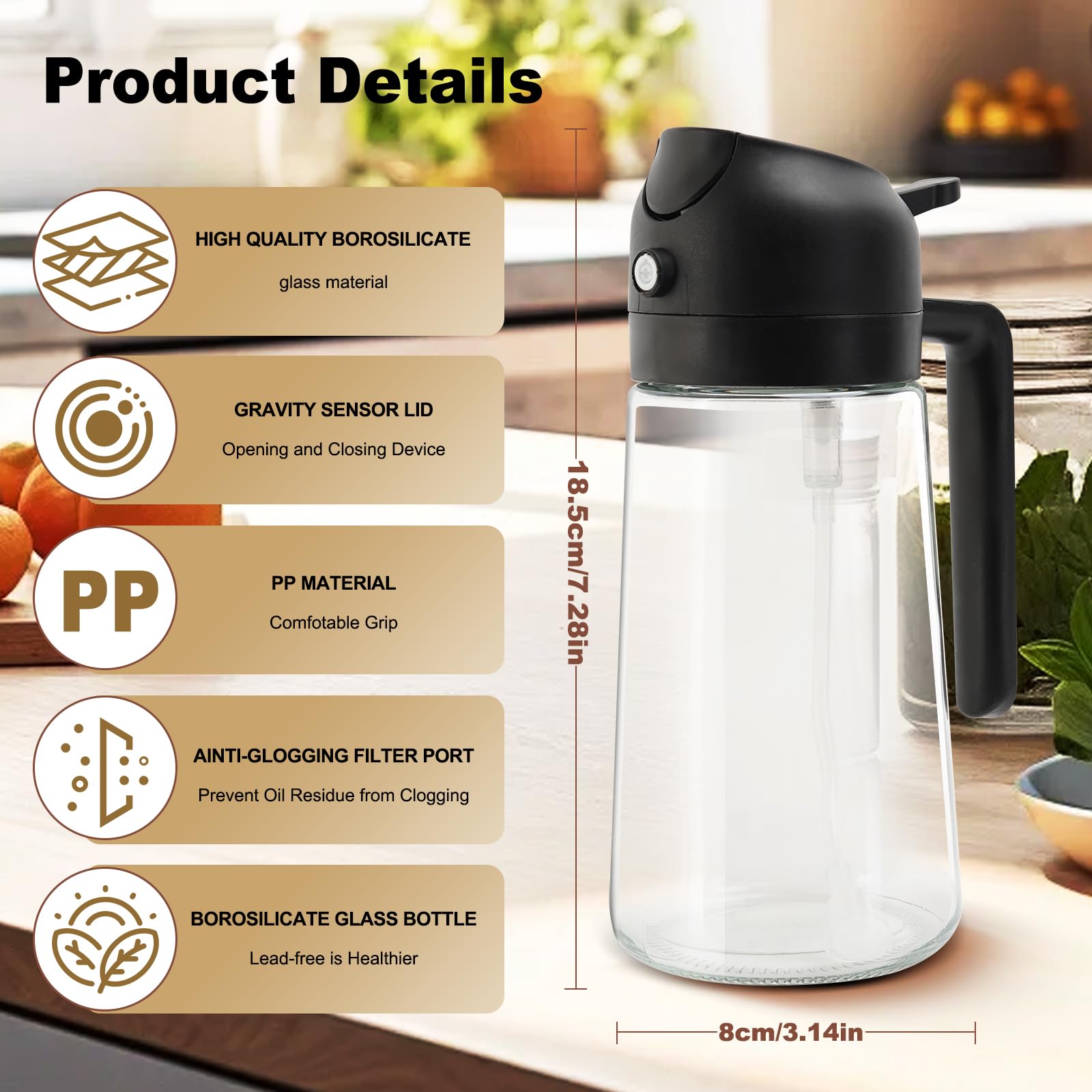 Vaporisateur Huile En Verre 470ml - Bouchon Anti-goutte, Poignée Ergonomique, Idéal Air Fryer, Salades