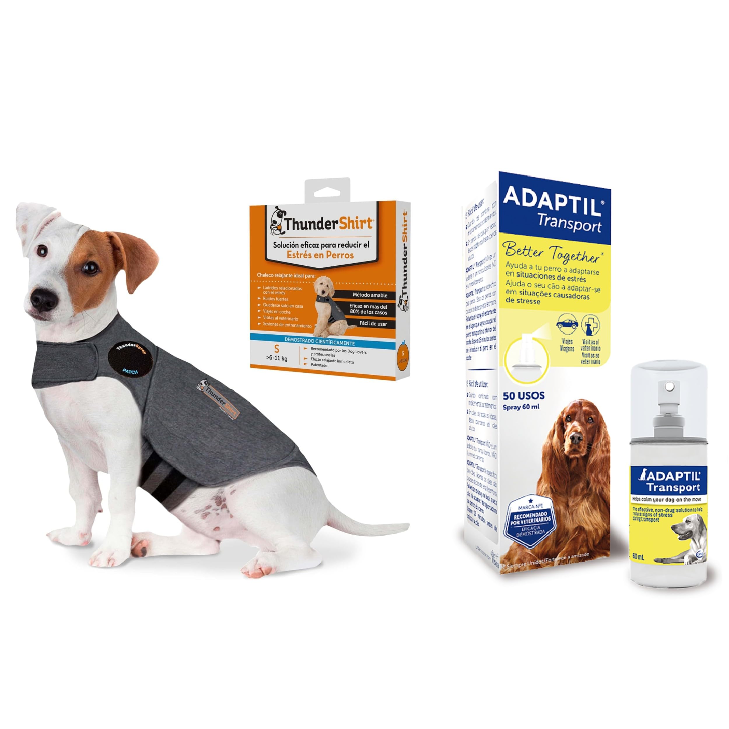 THUNDERSHIRT Pack Antiestrés para Perros S + ADAPTIL Transport Spray 60ml - Chaleco Relajante + Spray Antiestrés - Ideal para Ansiedad por Separación, Miedo a los Ruidos, Tormentas y Viajes