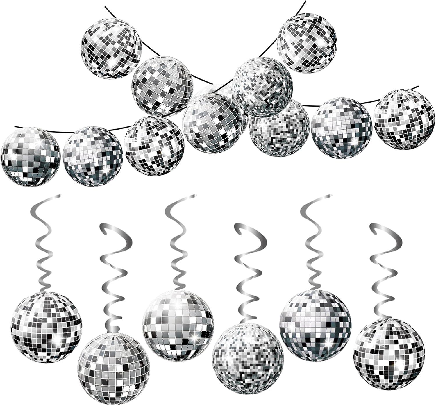 Pack of 24 Disco Ball Decorative Garland with Banner Disco Spiral Ornament 70s Retro Disco Decoration Party Set for Dance Party Birthday Anniversary Party