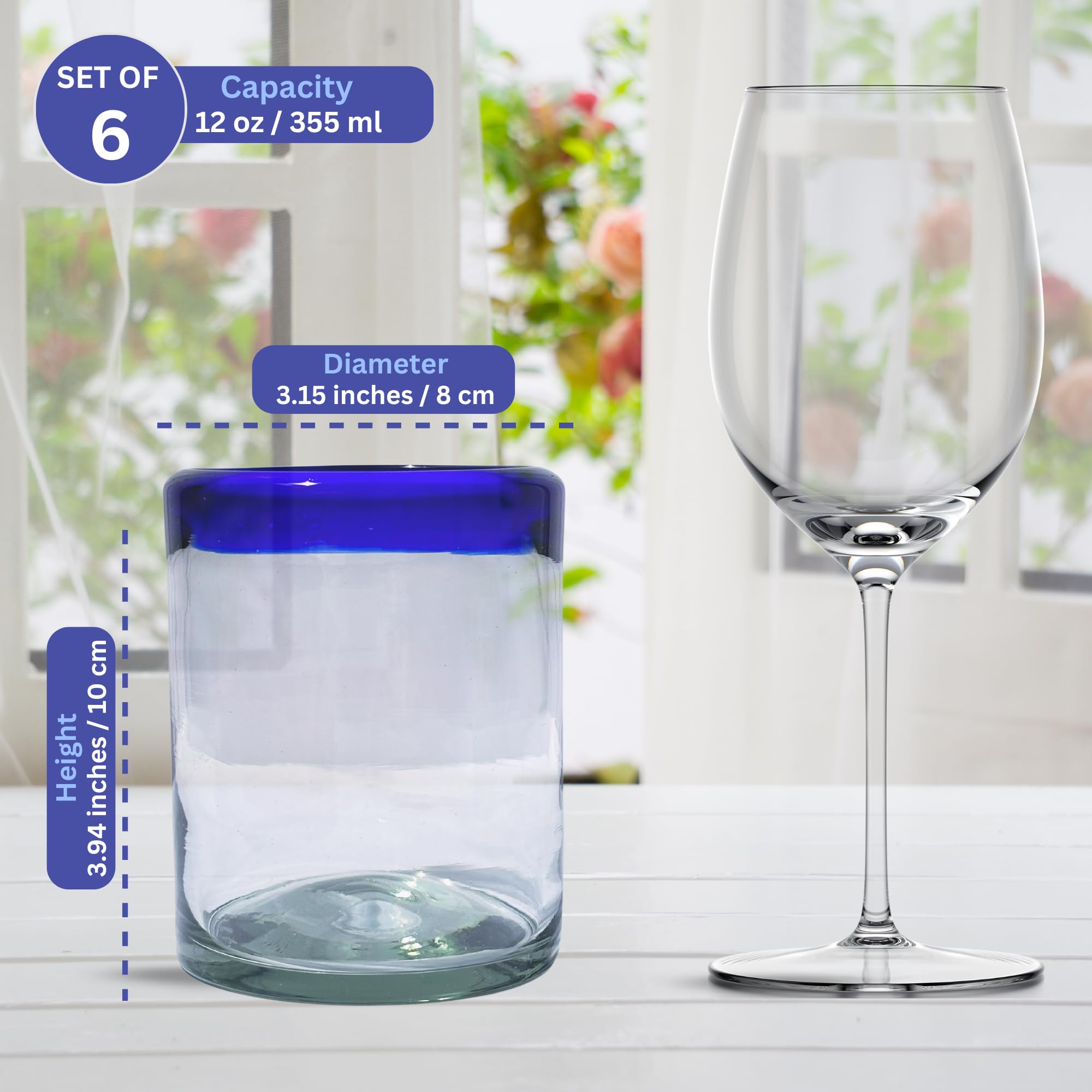 AGAVE'S GLASSWARE Juego de 6 vasos (10 onzas), vasos de cristal con borde azul cobalto, cristalería mexicana, cristalería azul cobalto, vasos de cóctel (borde azul cobalto, 10 onzas)