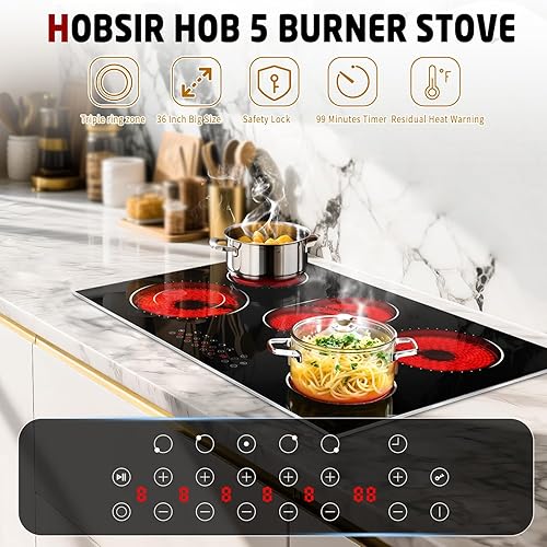 Miniatura 3 de Hobsir - Placa eléctrica de 30 pulgadas, 5 quemadores y 30 estufas, quemador superior de estufa eléctrica, estufa de cerámica de 8400 W con marco de