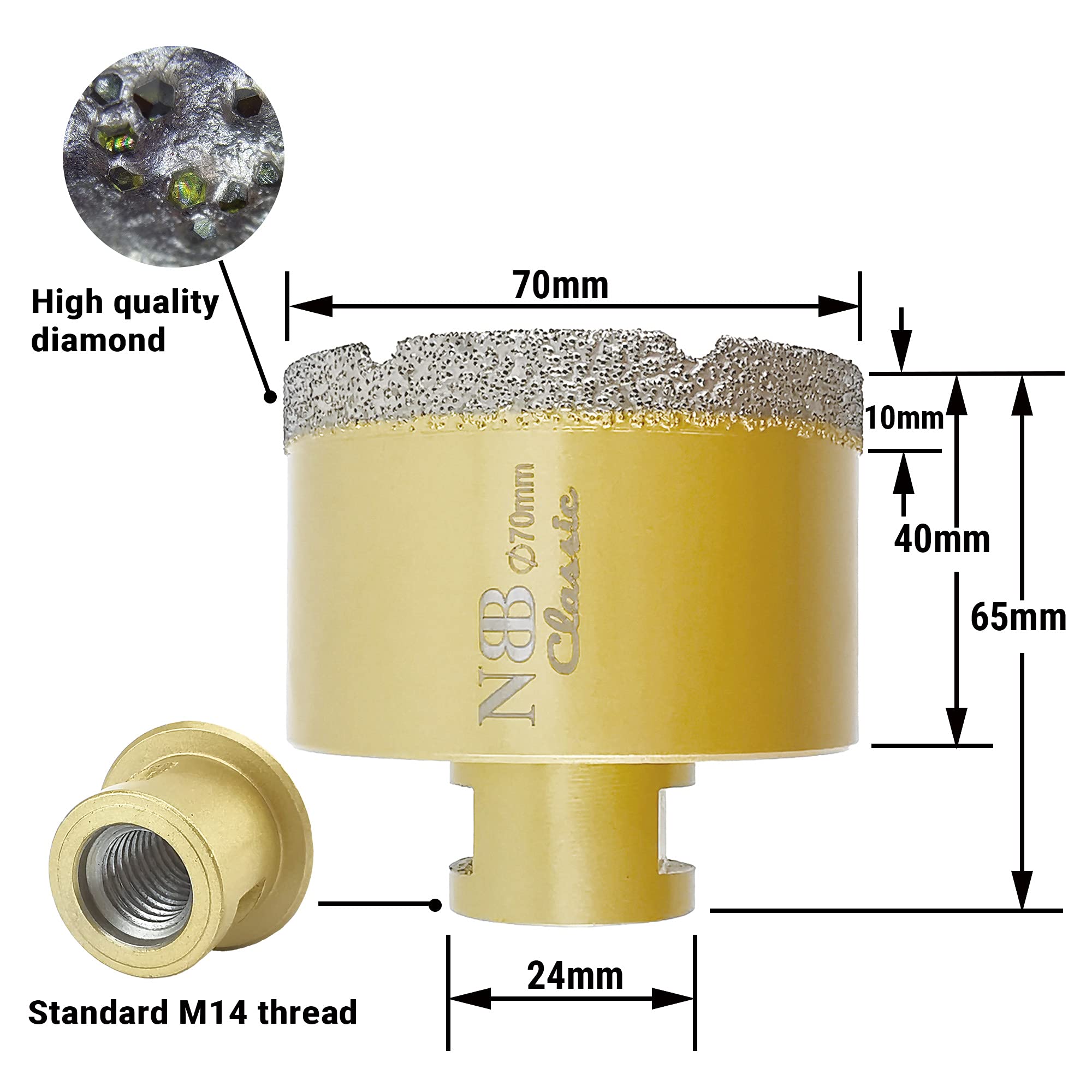 NBB vacuum brazed diamond hole saw with M14, Classic Golden type - Image 2