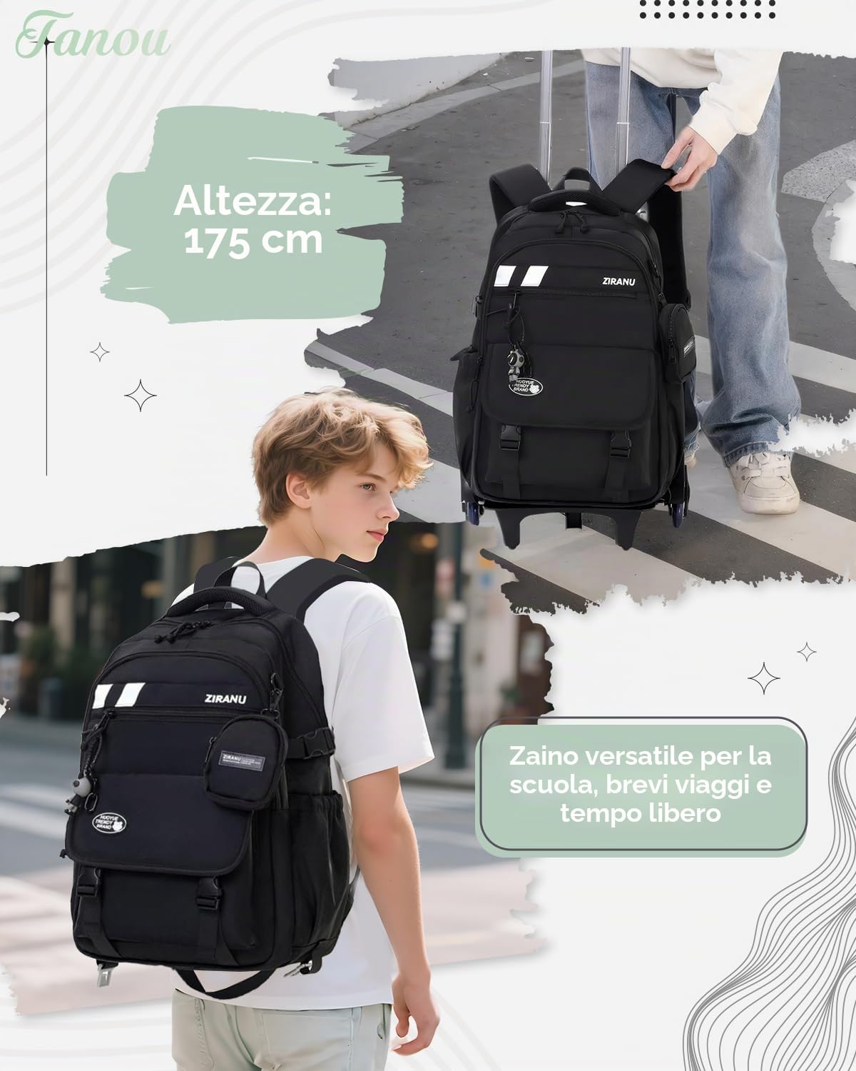 Tanou Zaino Trolley per Ragazzi, Zaino con Ruote Scuola Media e Elementare | 28L, Trolley Staccabile, Zaini Ragazzo Grande con Portamonete per Viaggi, 6 Rotelle, Nero