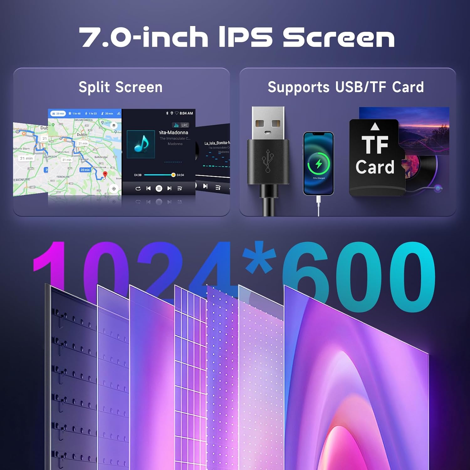 Driauto Car Stereo 7.0-inch IPS Screen features including Split Screen and USB/TF Card support
