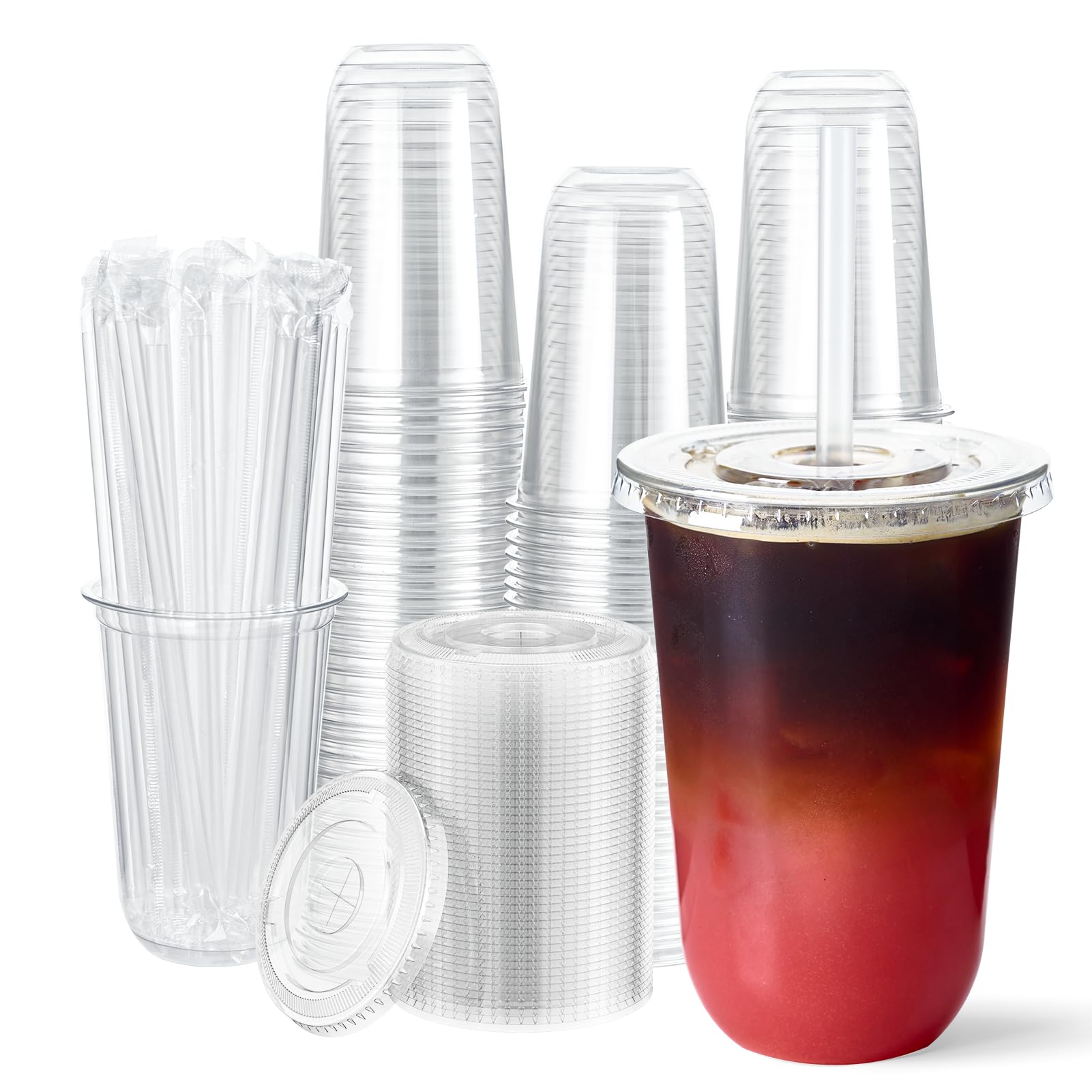 Vplus 100 Pack 16 oz Disposable Plastic Cups with Lids and Straws