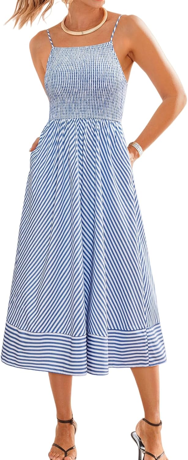CUPSHE Women Striped Long Summer Dress Square Neck Spaghetti Strap Smocked Beach Vacation Midi Sun Dress with Pockets