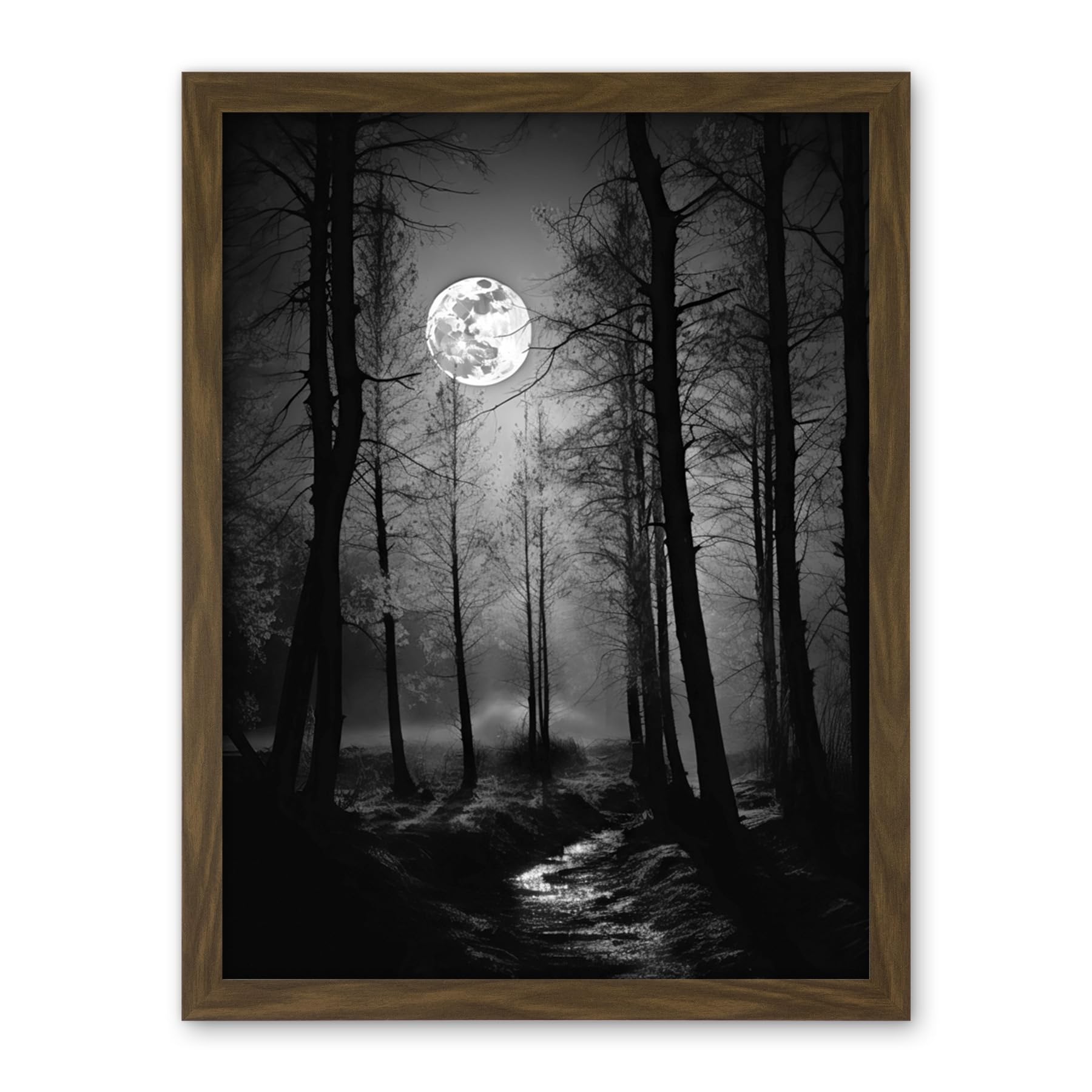 Artery8 Full Moon Over Misty Forest Black and White Photo Artwork Framed Wall Art Print 18X24 Inch