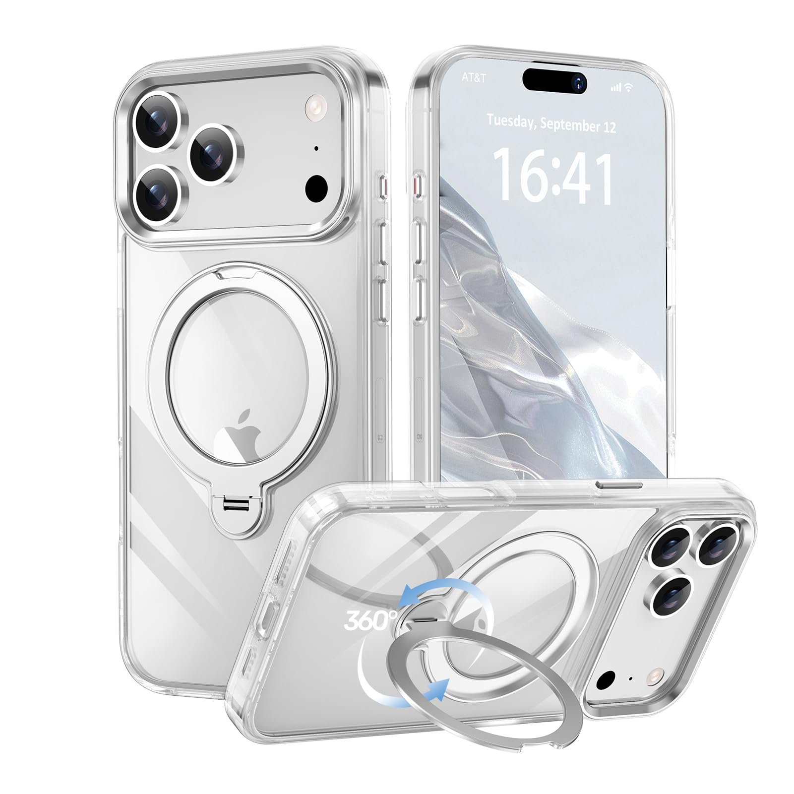 【透き通る上質感・多機能360°回転スタンド】KMAMBNG iPhone 17 ProMax 用 ケース Magsafe対応【耐衝撃・金属感・真空メッキ・黄変防止・ストラップホール付き】縦横両立 角度自在 調整可能 磁吸機能でワイヤレス充電対応 おしゃれ スマホケース(クリア,iPhone 17 Pro Max)