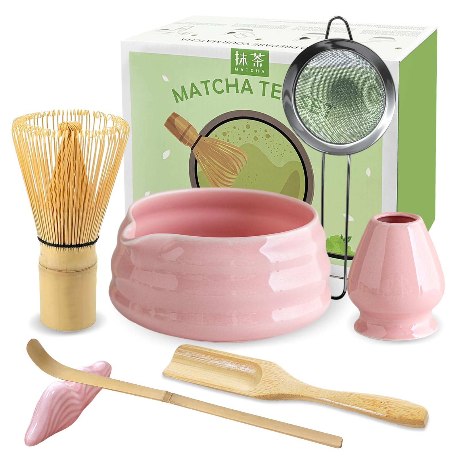 JBER Matcha Set, Matcha Tee Set 7-Teiliges - Matcha Besen und Besenhalter, Matcha Schale aus Keramik, Sieb, Matcha Löffel und Halter, Japanisches Matchabesen Set für Matcha-Liebhaber