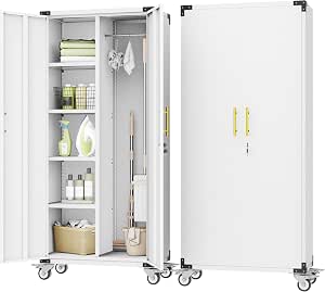 Pozdeg 71" Rolling Lockable Metal Broom Closet Storage Cabinet, Grey White
