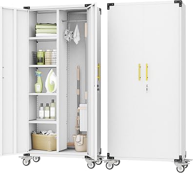 pozdeg Broom Closet Garage Storage Cabinet with Wheels, 71" Metal Cleaning Cabinets with Hooks and Hanging Rods, Tall Freestanding Lockable Tool Utility Cabinet for Home, Office White