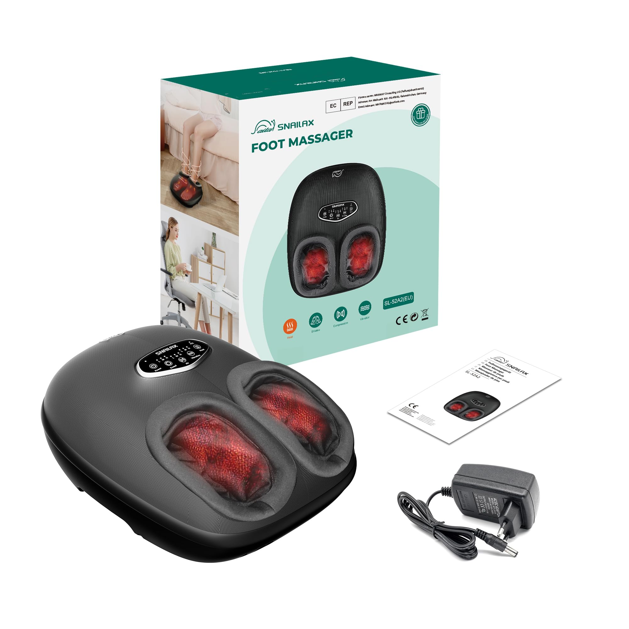 Snailax Shiatsu urządzenie do masażu stóp z ogrzewaniem, głębokie ugniatanie, kompresja, wibracje