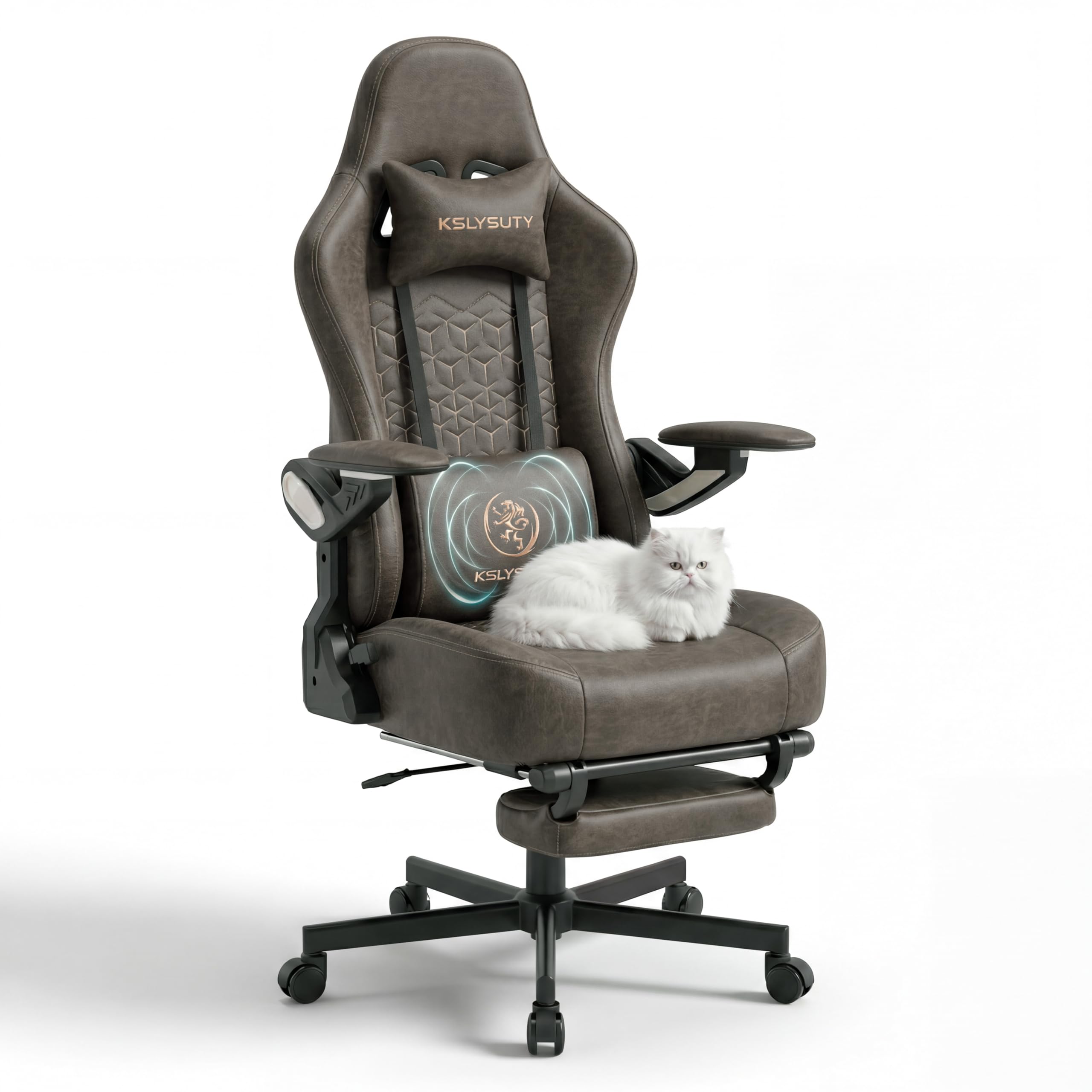 Kslysuty Ergonomic Gaming Chair for Adults - Big and Tall Desk Chair with Lumbar Support and Mechanical Arm Armrests, Comfortable Gamer Computer Chair, Gaming Chairs with Footrest (Grey Leather)