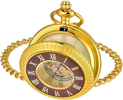 Miniatura 3 de Wood Grain Hollow Design Vintage Pocket Watch, Roman Numerals Scale Quartz Pocket Watch with Chain for Xmas Fathers Day GIF