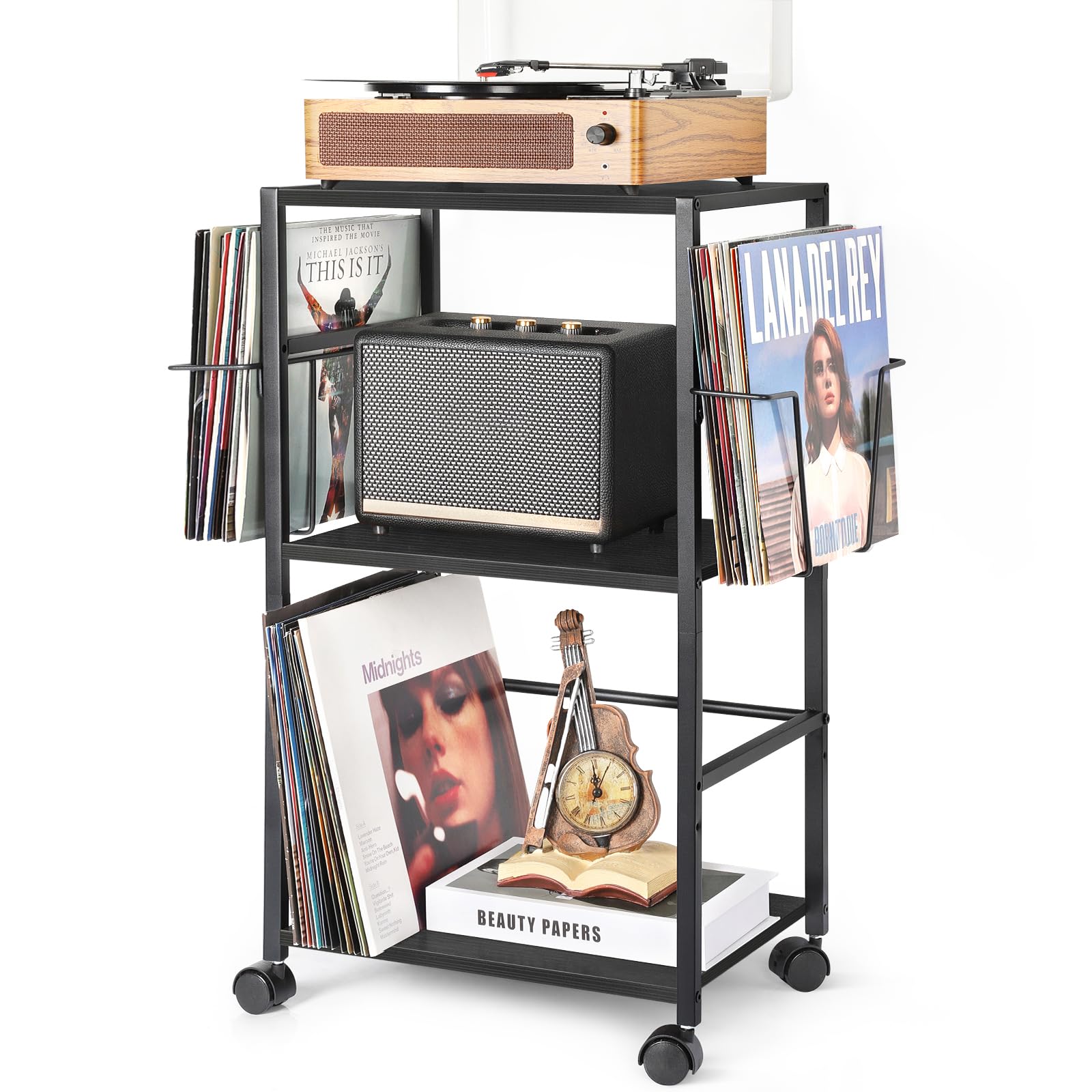 Bikoney Mobile Giradischi con 2 Espositori per Vinili e Tavolino Laterale – Supporto per Giradischi e Contenitore per Fino a 150 Dischi in Vinile per Soggiorno o Camera da Letto – Nero | Tavolino girevole con 2 ripiani espositori, facile accesso ai LP, ru