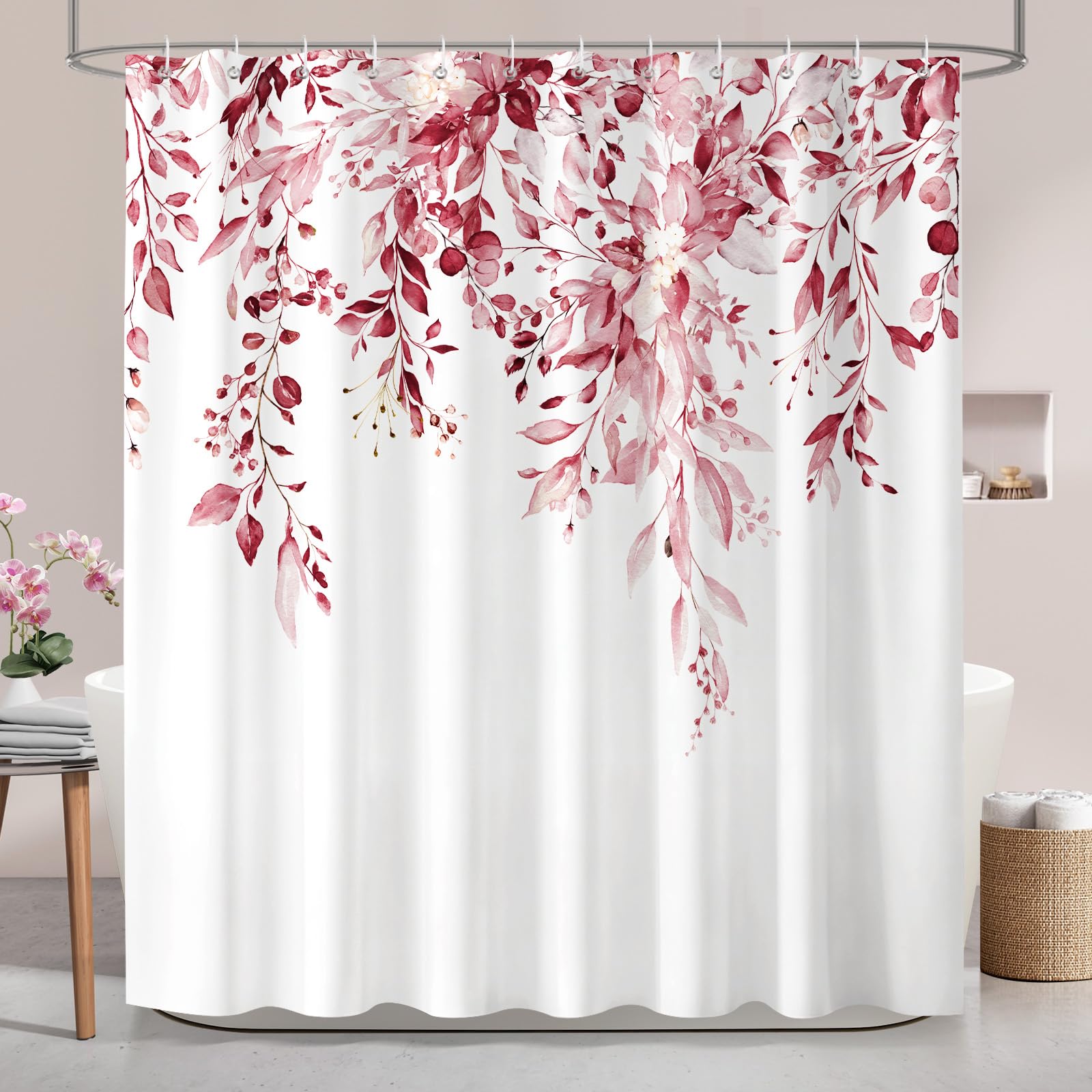Hopomoon Tenda da doccia romantica con motivi floreali rosa Tenda decorativa per il bagno 180 x 200 cm con 12 ganci