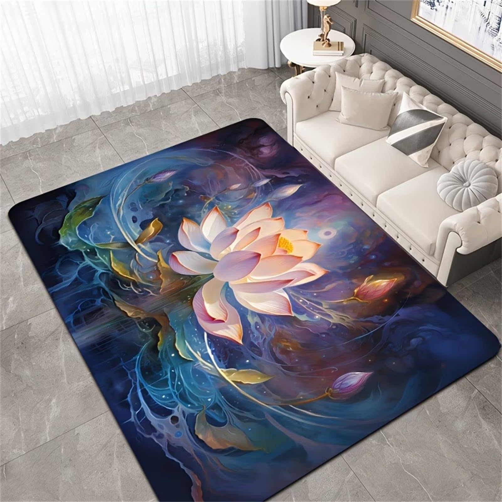 Kuluoits Lotus Flower Rug for Living Room, 100x150cm 3D Printed Blue Pink Fashion Floral Plant Rug Mat, Soft Non-Slip Easy Clean Rugs, Abstract Carpet for Living Room Bedroom Dining Room Home Decor