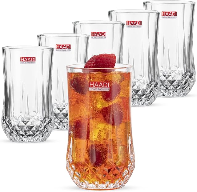 HAADI Drinking Glasses Set of 6 Crystal Clear Tall Water Glass Tumbler Highball Cocktail Glasses for Wine, Whiskey, Juice ,Gin and Other Beverages -350ml