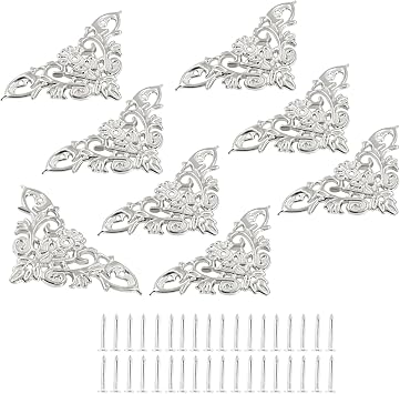 8 Pcs Vintage Style Corner Protectors,Triangle Furniture Decorative Edge Cover, Antique Zinc Alloy Carved Corner Cover with Mounting Screws for Box Wooden Case Table Desk Silver