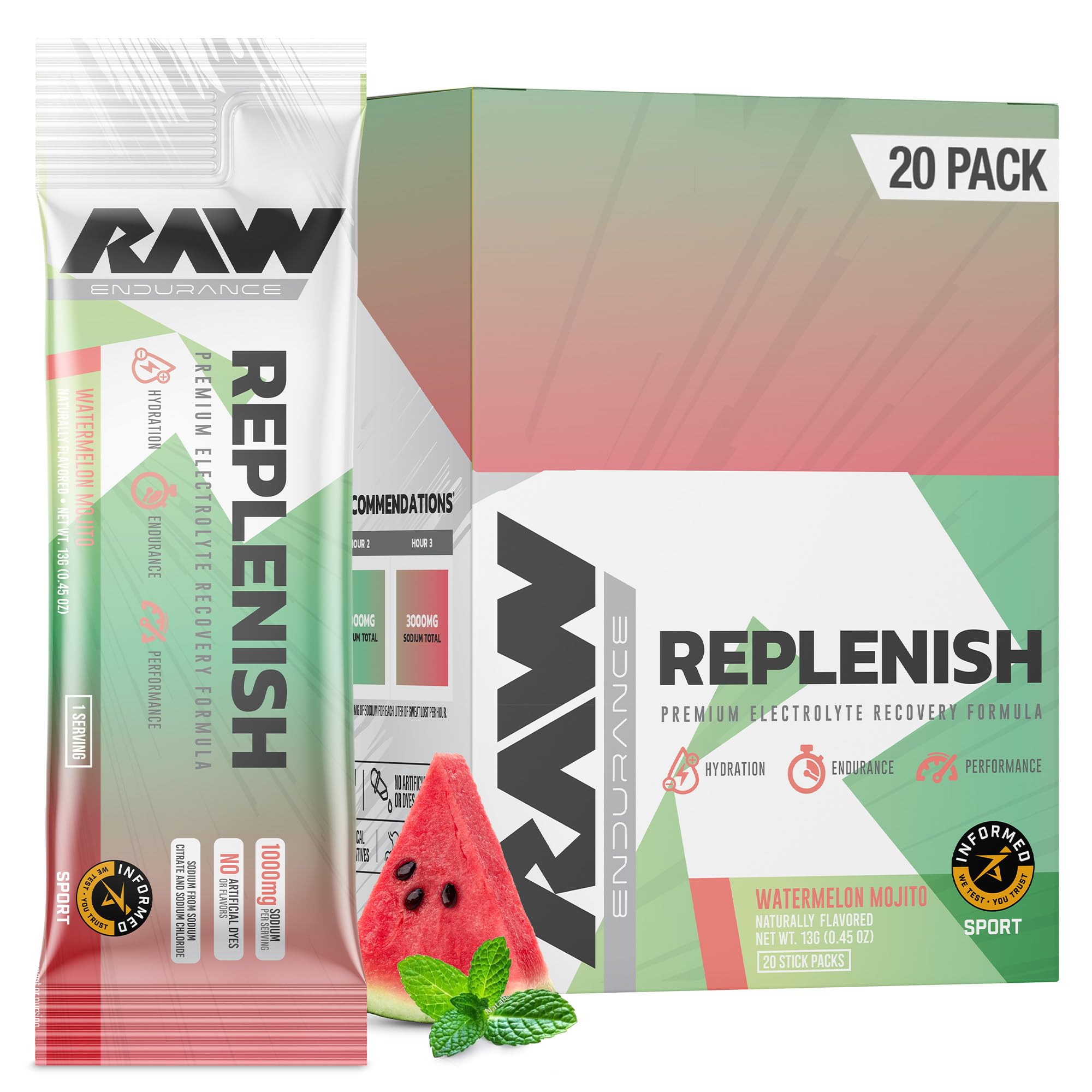 RAW Replenish Box, Premium Electrolytes Powder Recovery Formula, Watermelon Mojito (20 Sticks) - Flavored Electrolyte Drink Mix Supplement for Hydration, Replenishment, Endurance & Performance